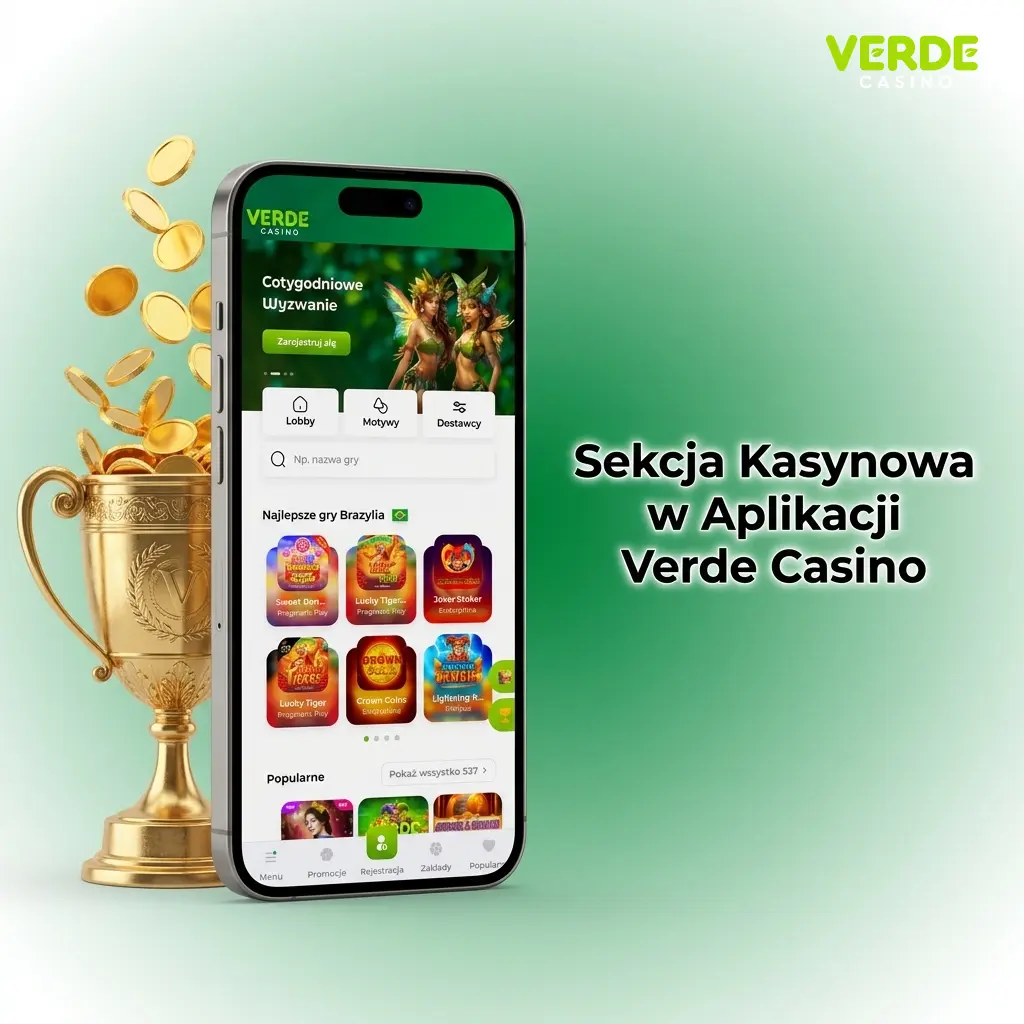 Sekcja kasynowa Verde Casino z grami na żywo, automatami i stołowymi od NetEnt, Evolution Gaming i Pragmatic Play